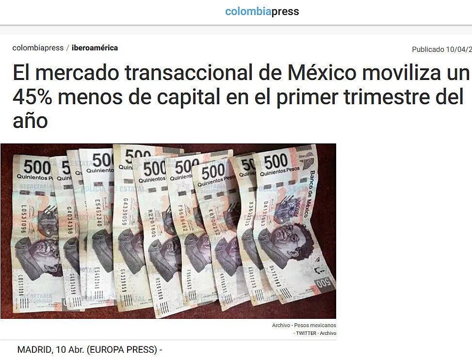 El mercado transaccional de Mxico moviliza un 45% menos de capital en el primer trimestre del ao